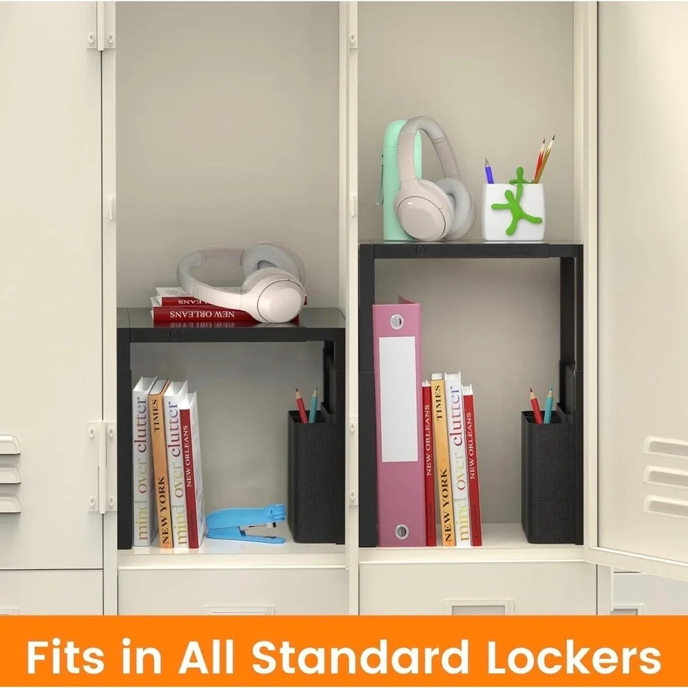 Adjustable Locker Shelf Organizer with Side Pockets Black Metal‎